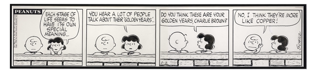 Charles Schulz Hand-Drawn Peanuts Comic Strip From 1962 -- Charlie Brown & Lucy Discuss their Golden Years, or as Charlie Brown Puts It, Their Copper Years